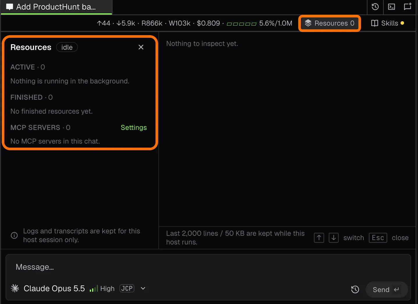 Resources popup with background work and MCP servers