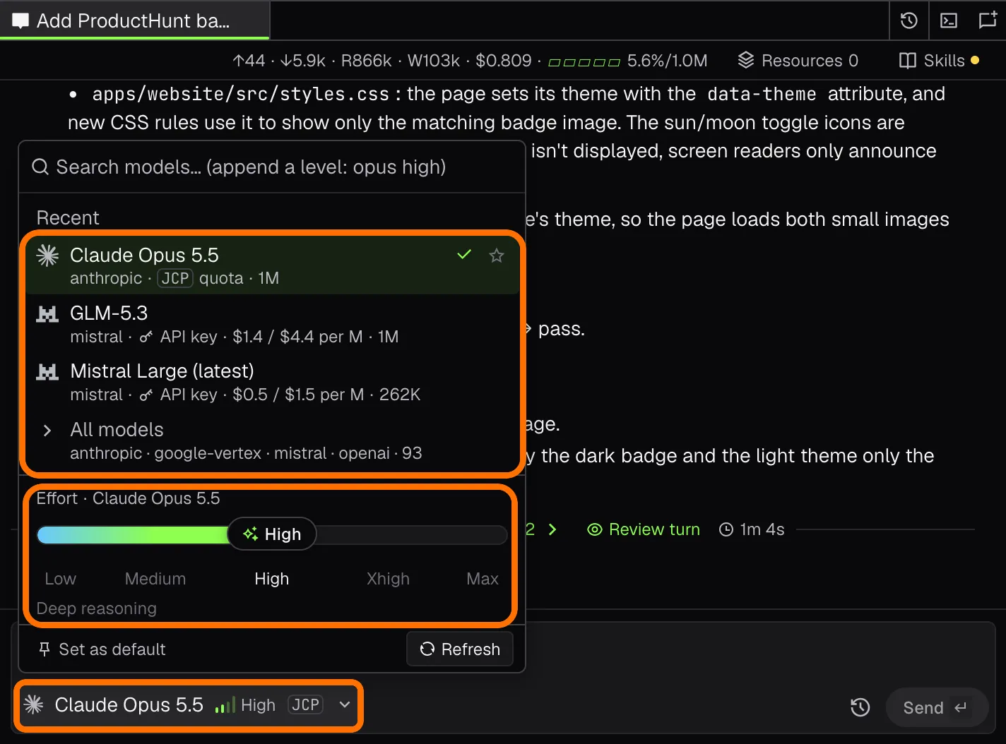 Model picker with recent models and the effort slider