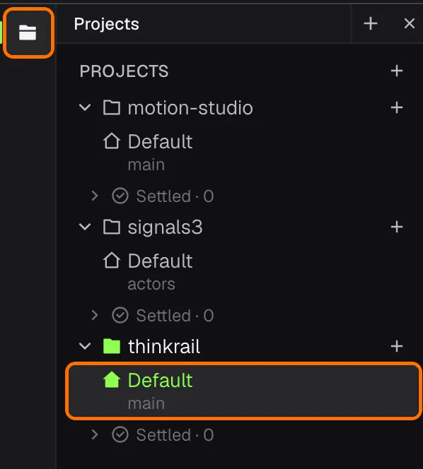 Projects panel with three projects and their workspaces