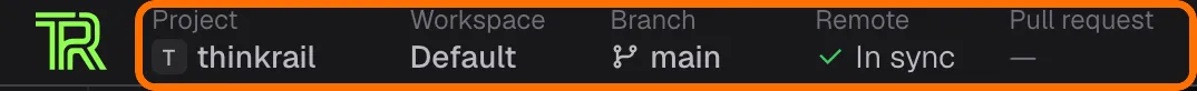 Top bar with project, workspace, branch, remote, and pull request