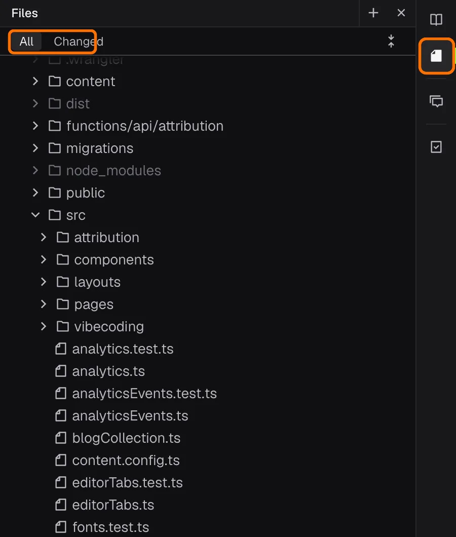 Files panel with the All and Changed views