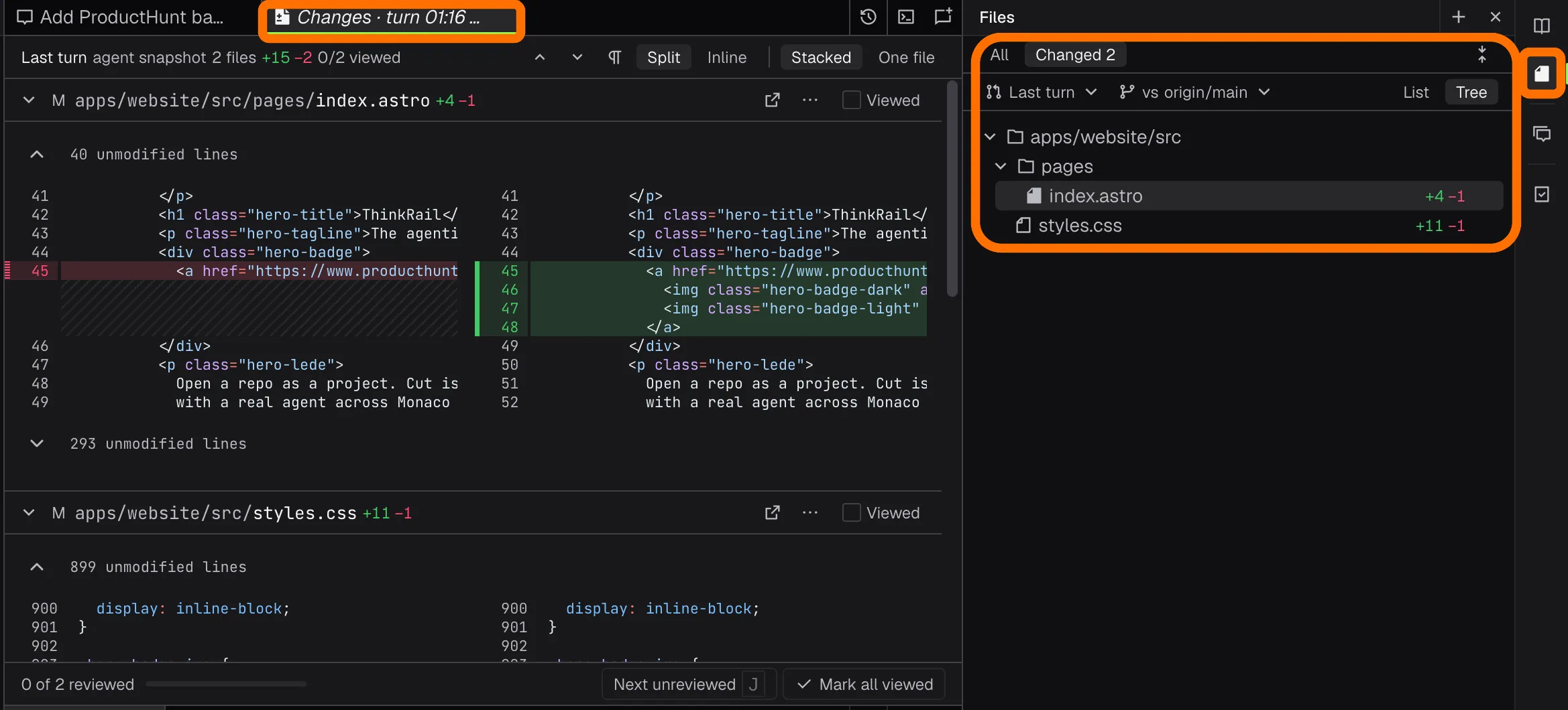 Changes tab with a side-by-side diff and the changed files
