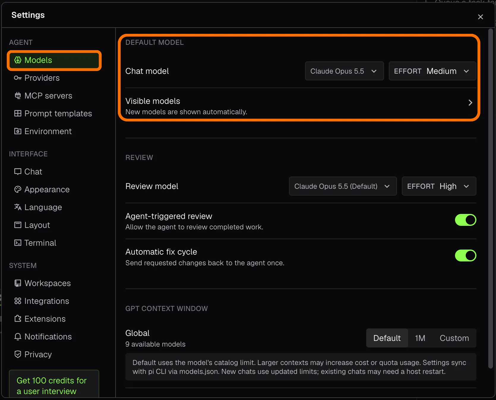 Settings, Models page