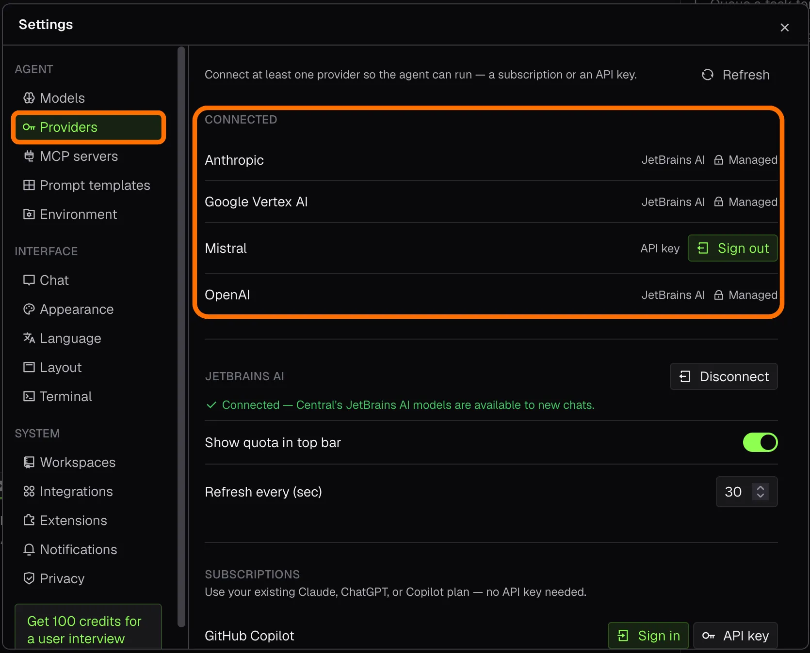 Settings, Providers page