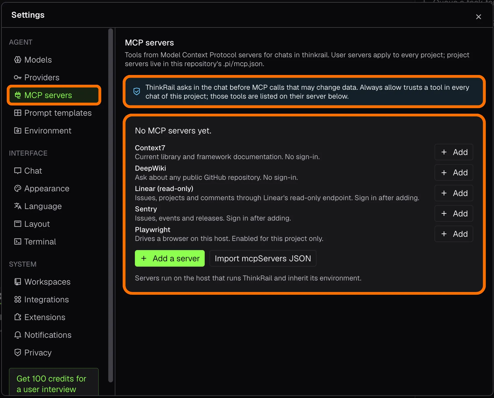 Settings, MCP servers page