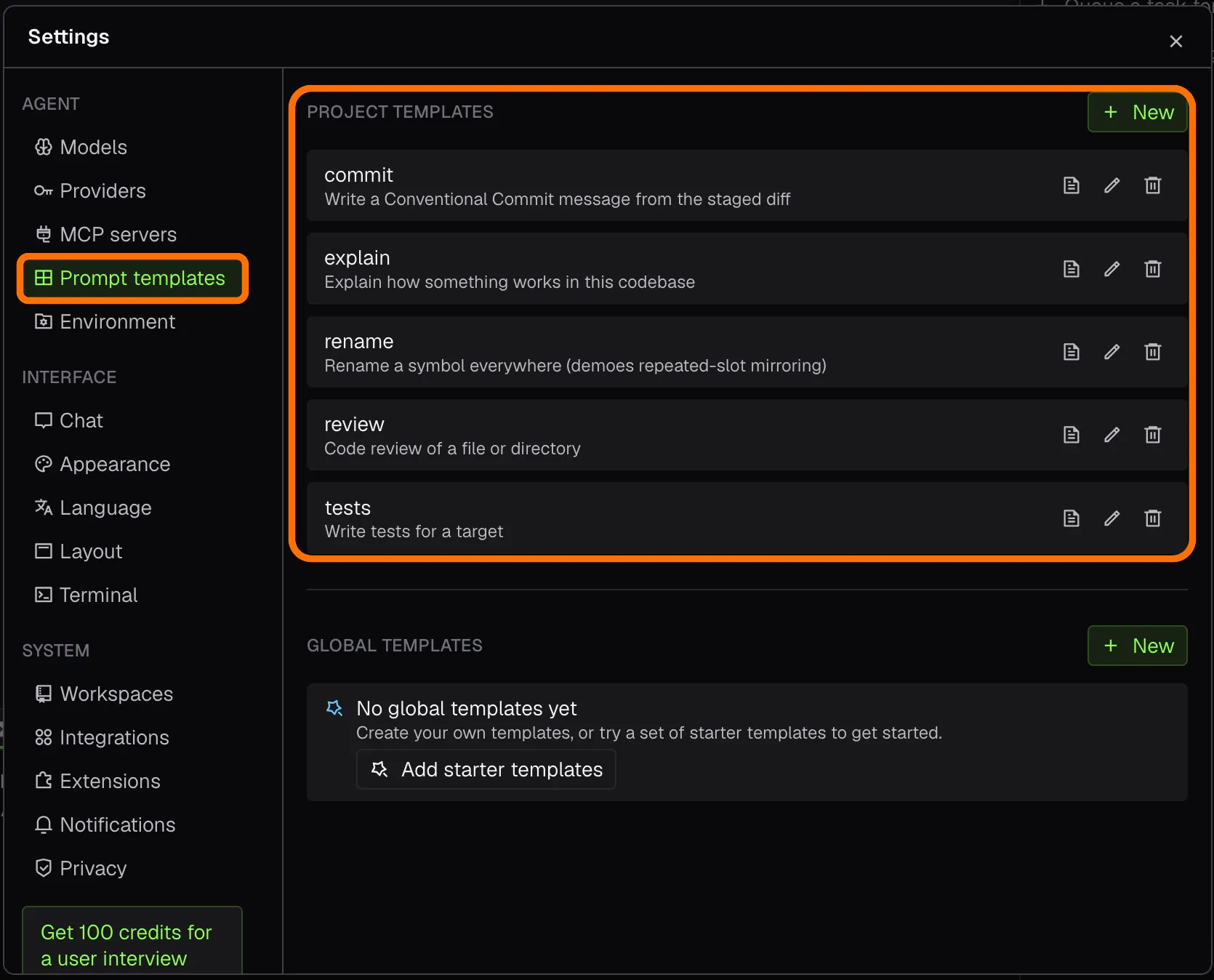 Settings, Prompt templates page