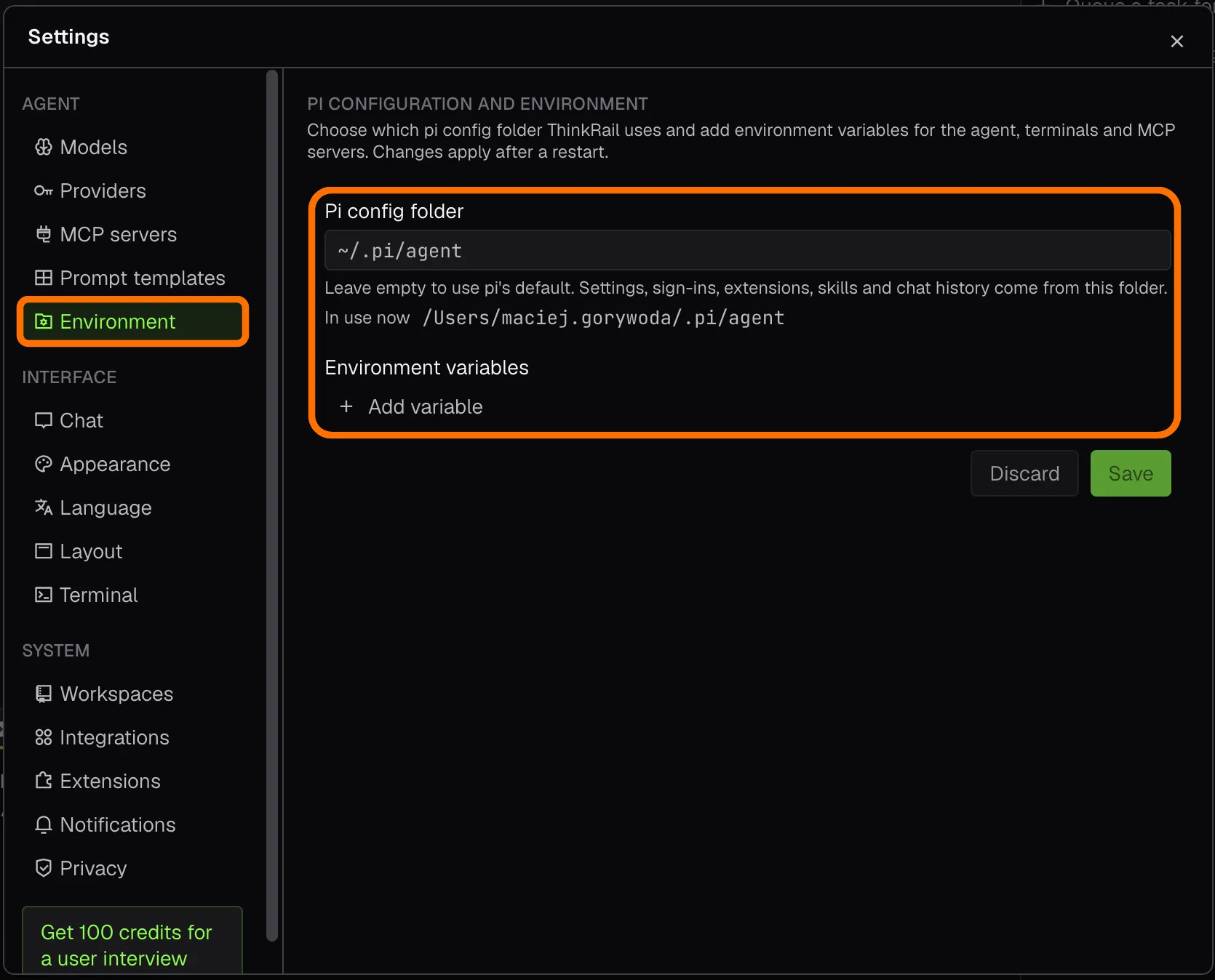 Settings, Environment page