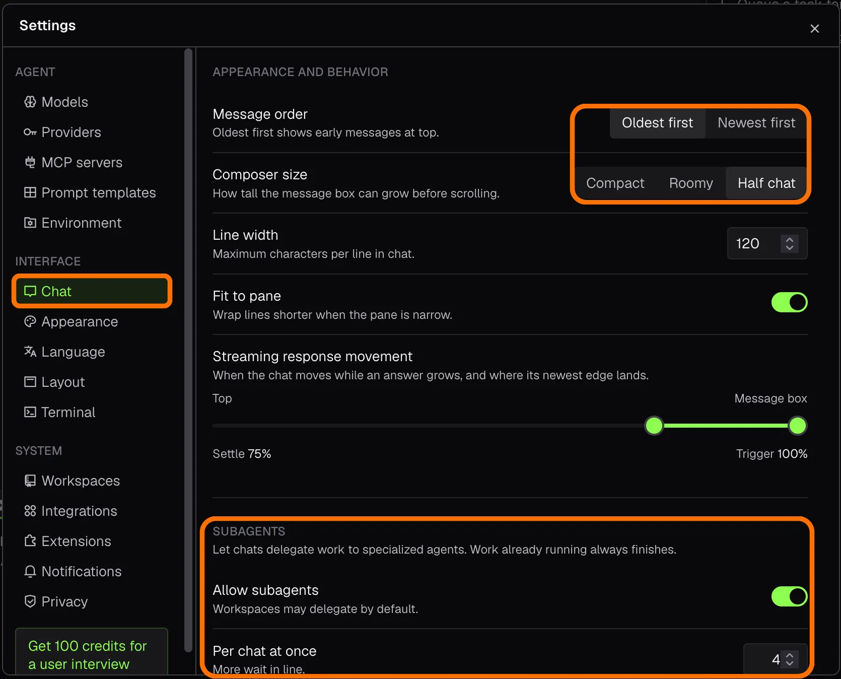 Settings, Chat page