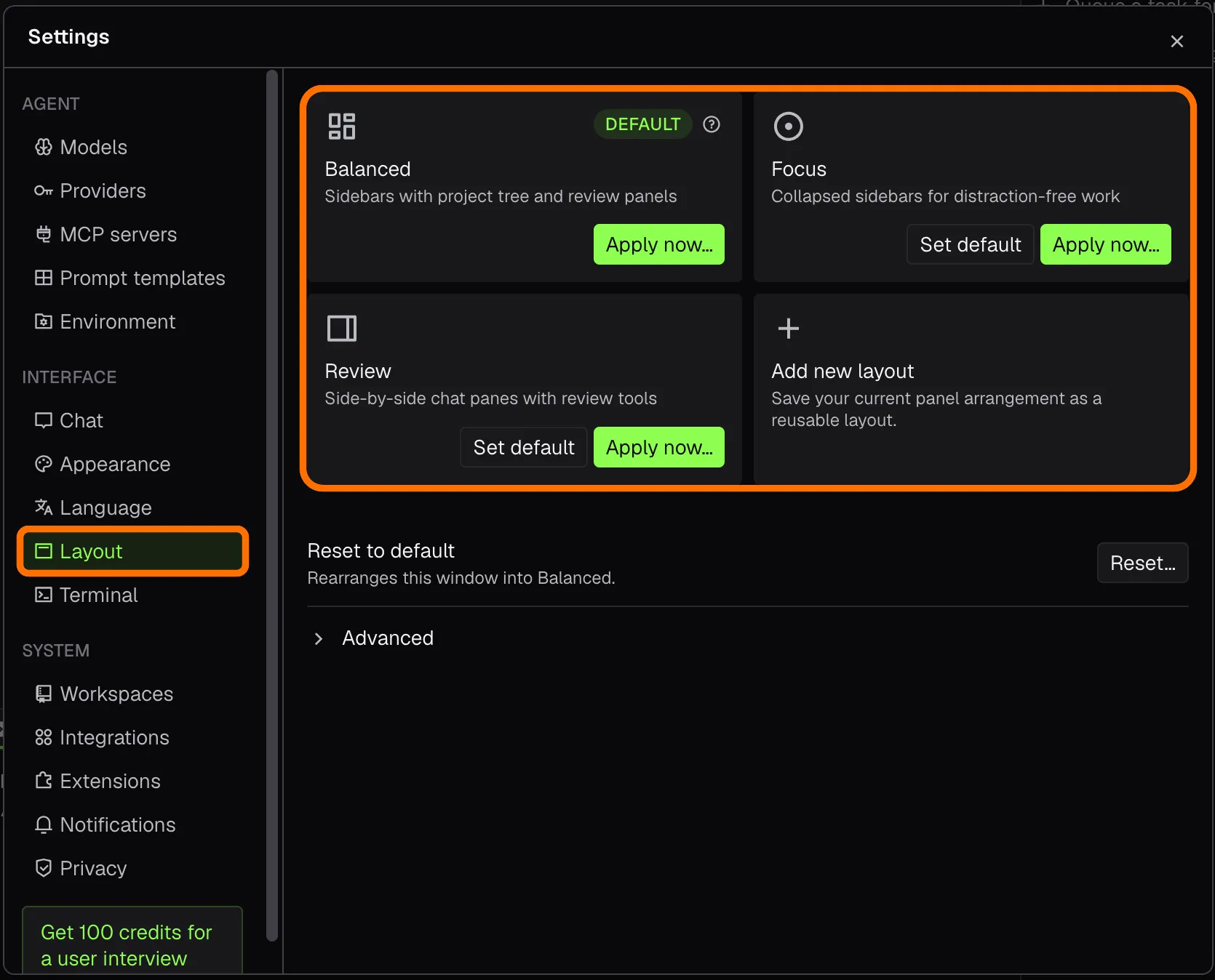 Settings, Layout page