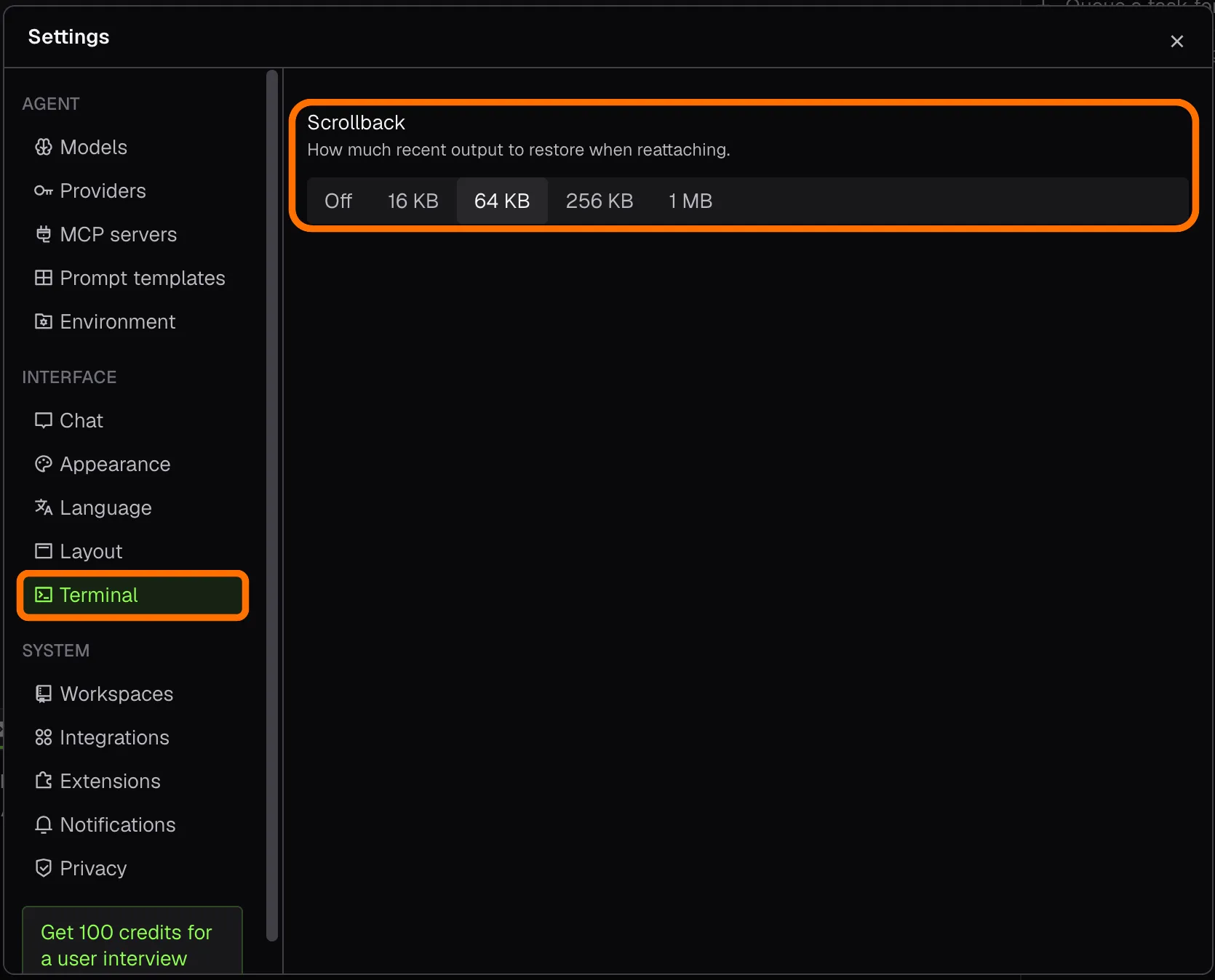 Settings, Terminal page