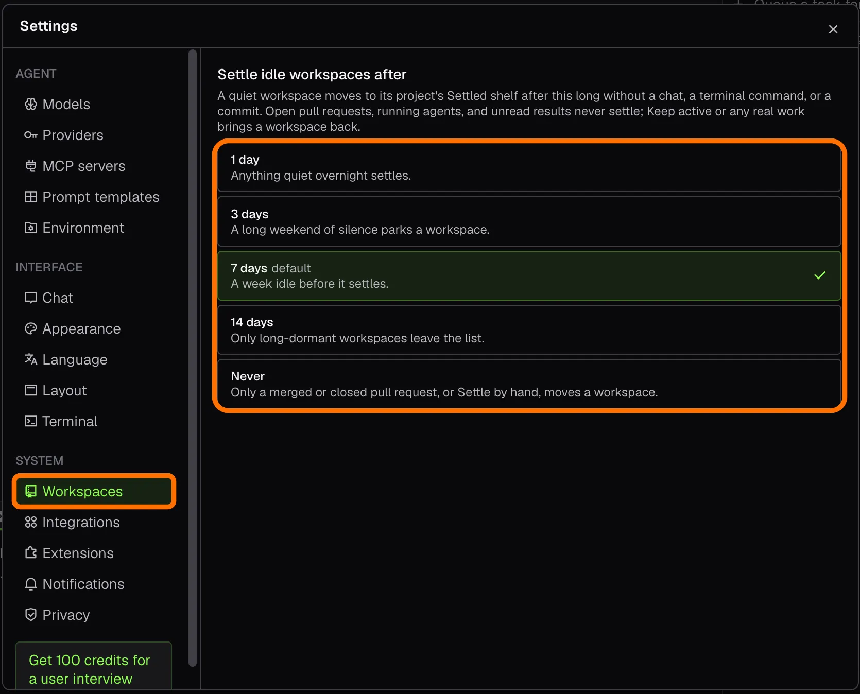 Settings, Workspaces page