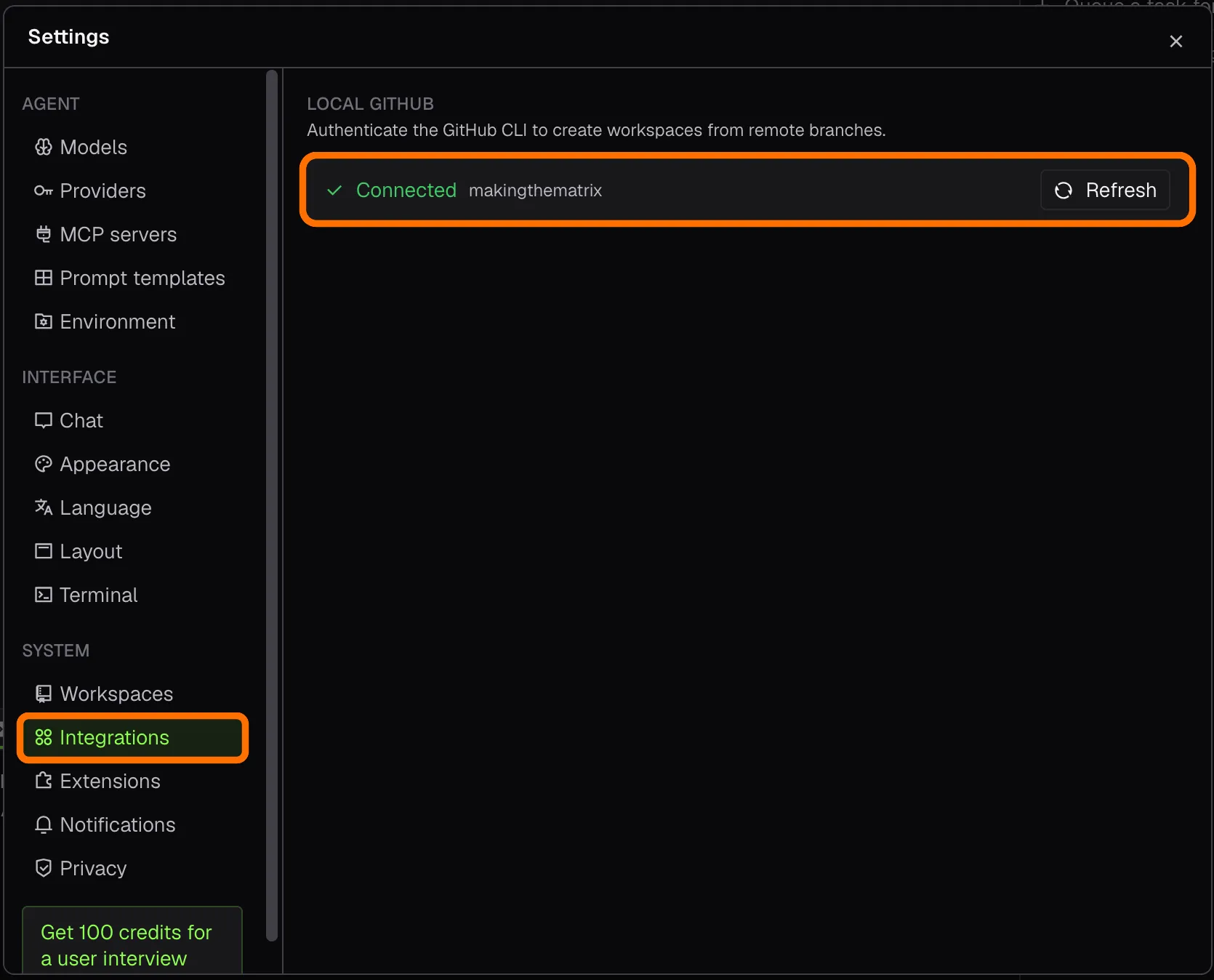 Settings, Integrations page