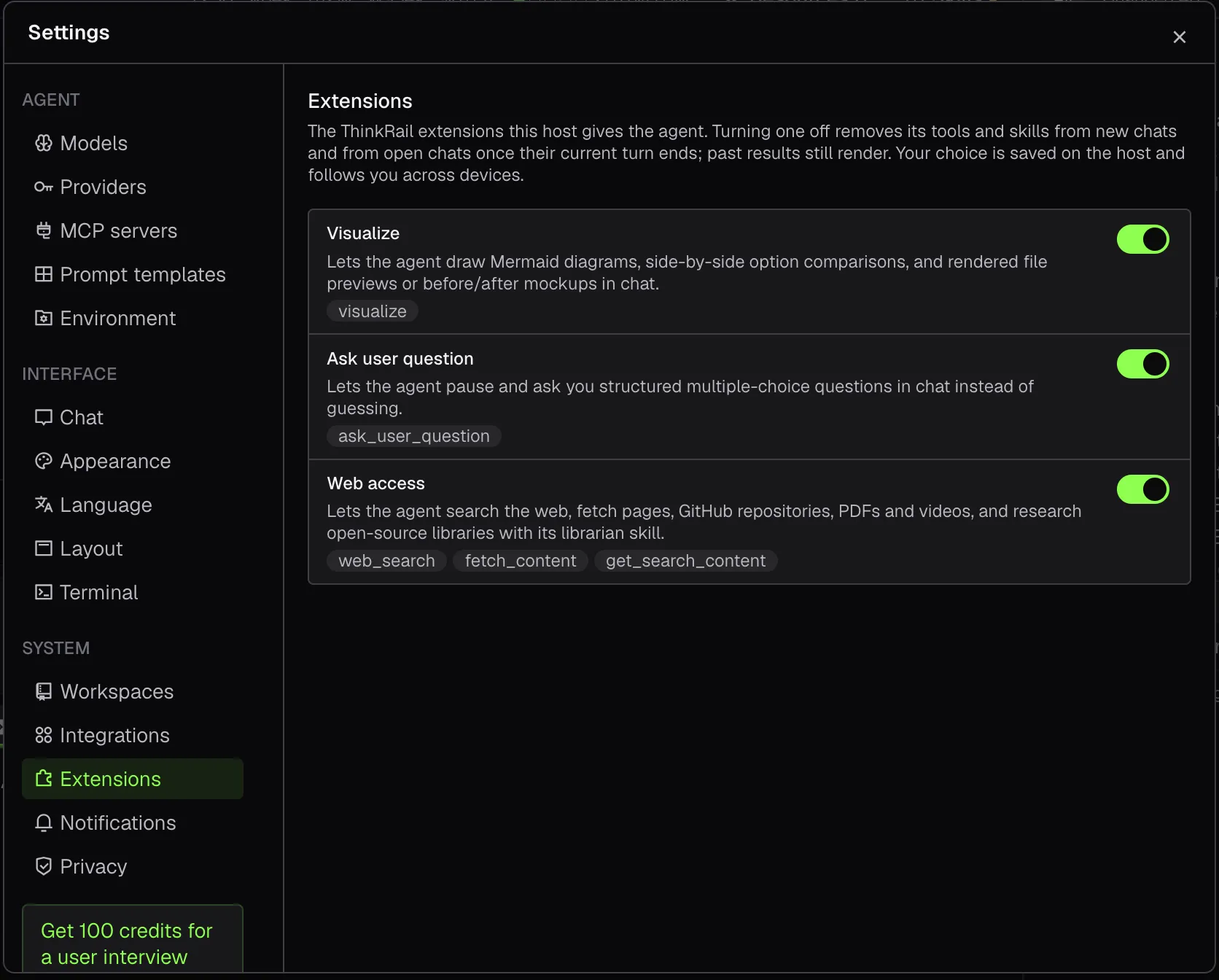 Settings, Extensions page