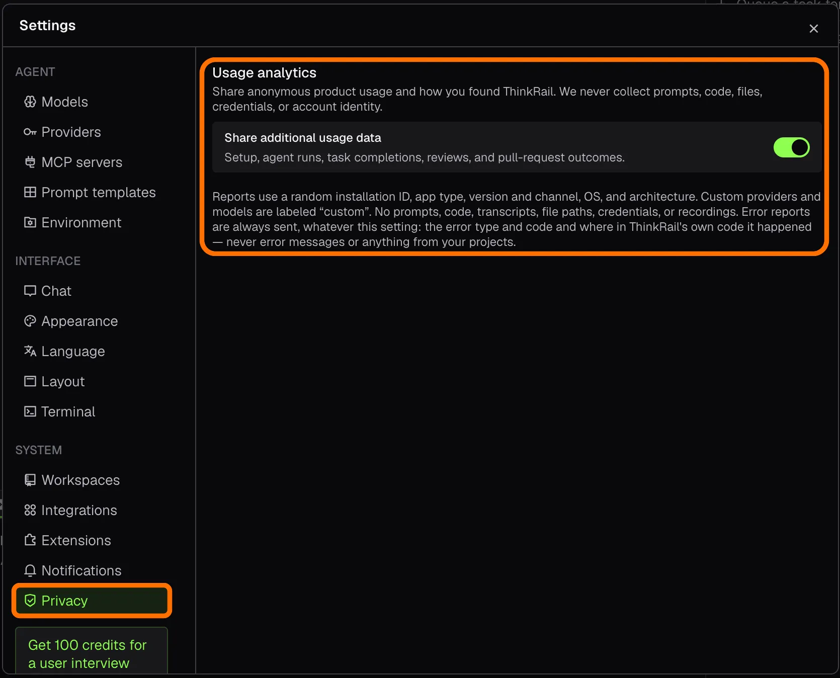 Settings, Privacy page